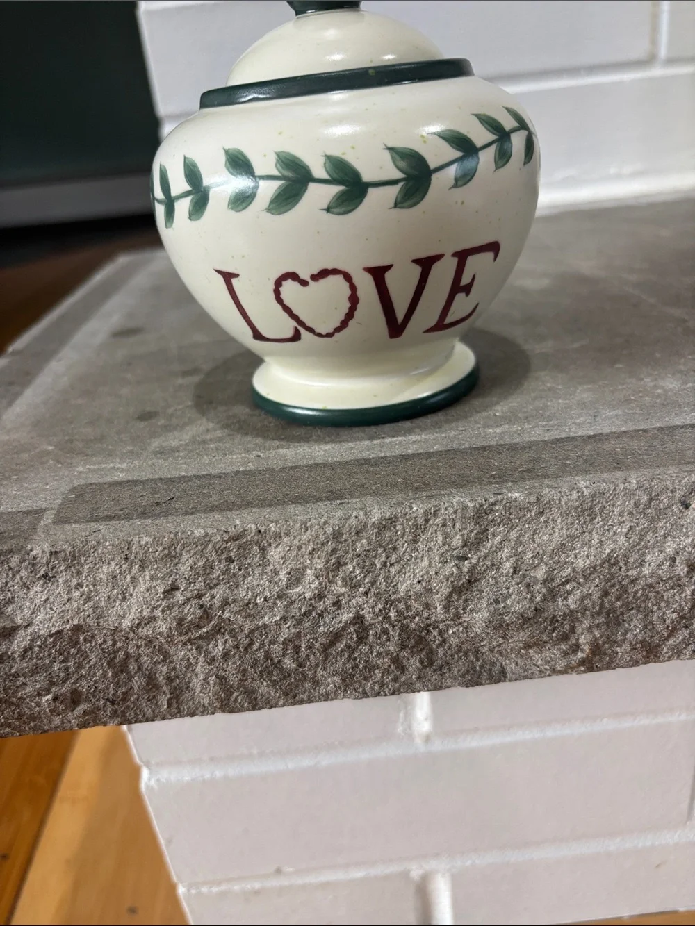 Cream Ceramic Joy Jar with Green Leaf Trim